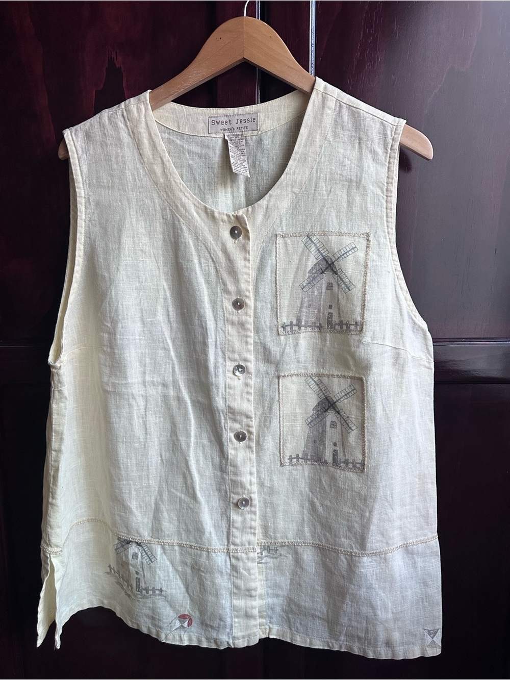 Vintage Linen Sleeveless Button-Front vest top Windmill Motif in Pale Yellow